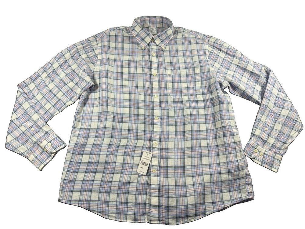 Brooks Brothers 1818 Men’s Large 100% Linen Plaid Button Down Shirt NWT $118